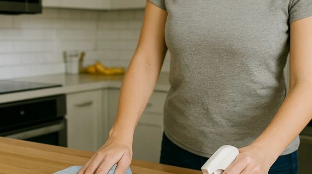 A woman cleaning a light wooden kitchen countertop with a microfiber cloth and spray bottle, in a bright modern kitchen with white cabinets and stainless steel appliances.