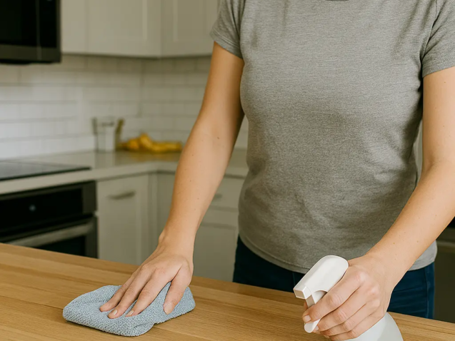 A woman cleaning a light wooden kitchen countertop with a microfiber cloth and spray bottle, in a bright modern kitchen with white cabinets and stainless steel appliances.