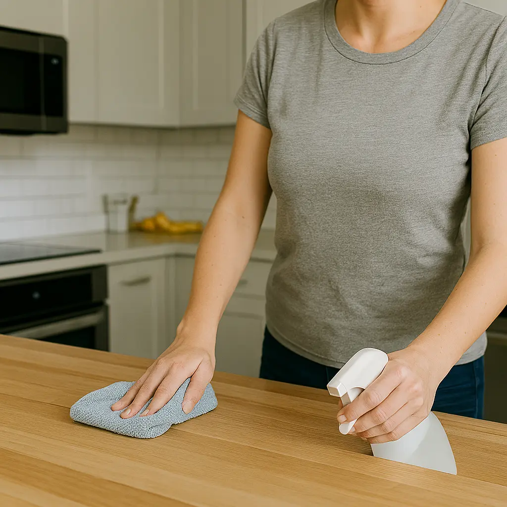 A woman cleaning a light wooden kitchen countertop with a microfiber cloth and spray bottle, in a bright modern kitchen with white cabinets and stainless steel appliances.